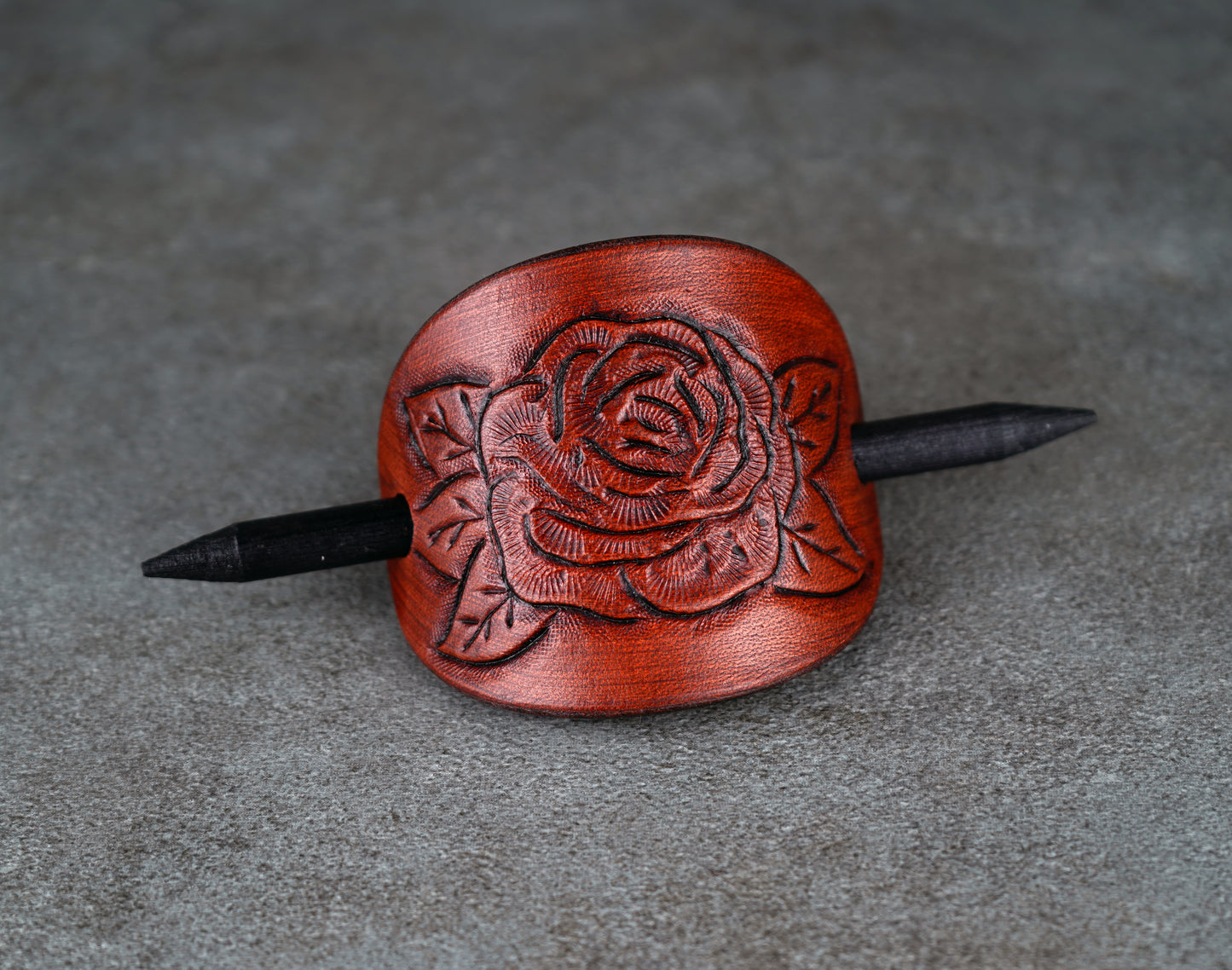 brown oval leather rose barrette handmade premium leather