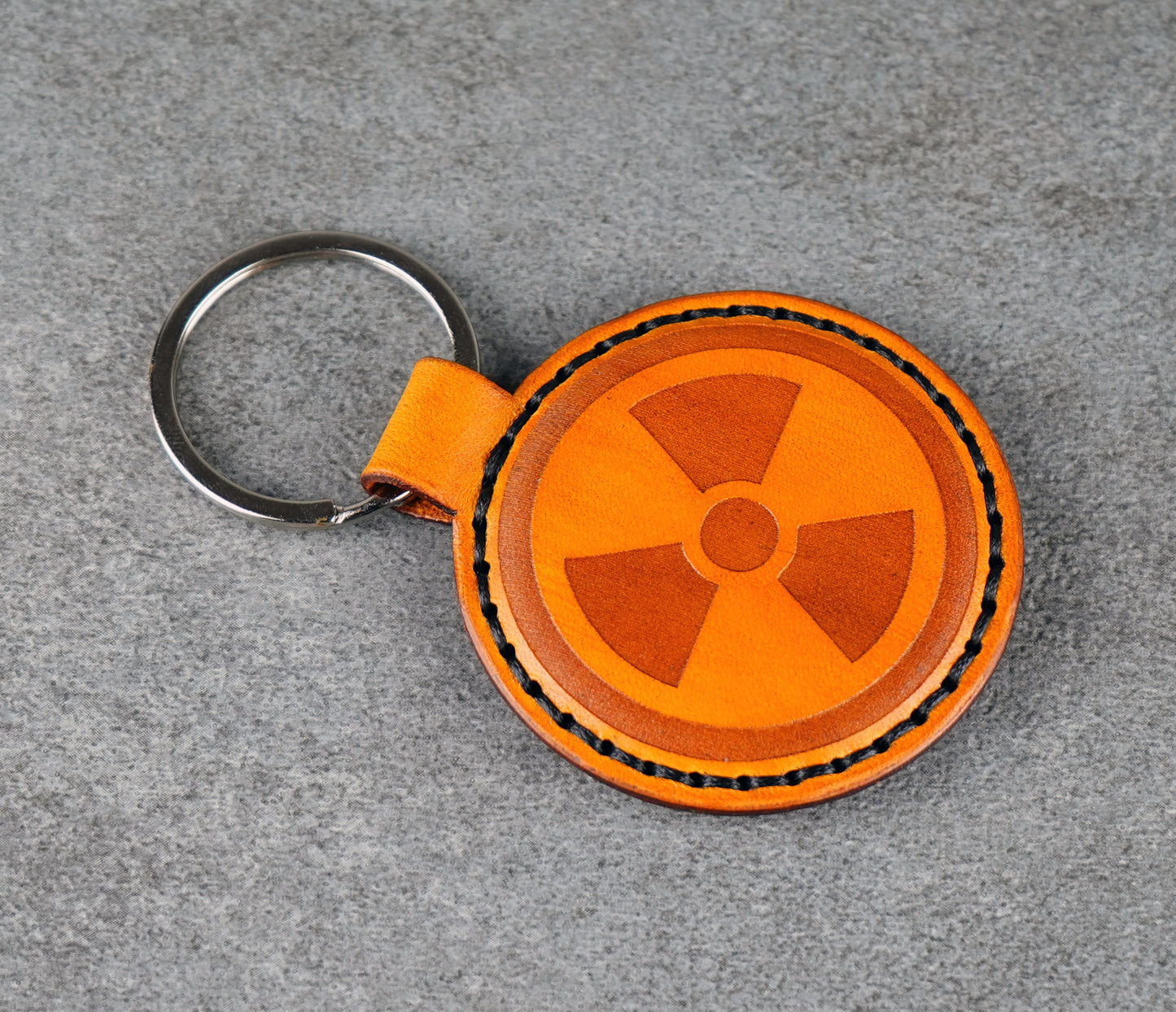 Yellow Leather Radiation Symbol Keychain – Handcrafted Vegetable‑Tanned Leather Accessory