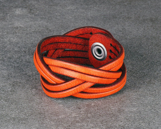 orange leather cuff bracelet handmade vegetable tanned