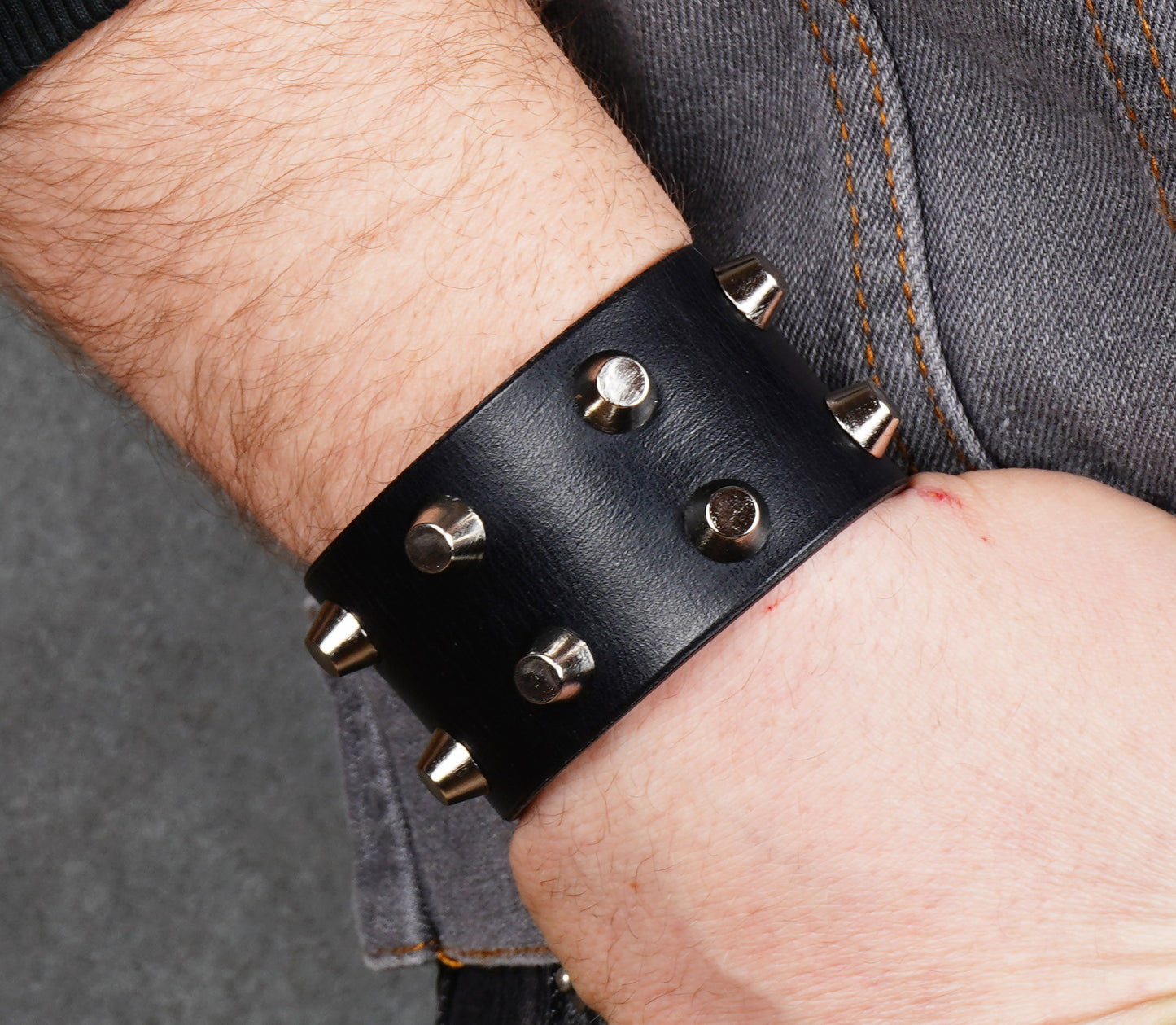 wide black leather spiked cuff bracelet handmade