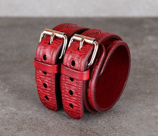 handmade wide red leather bracelet close up