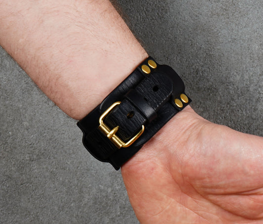 handmade black leather bracelet adjustable wrist cuff minimalist unisex design
