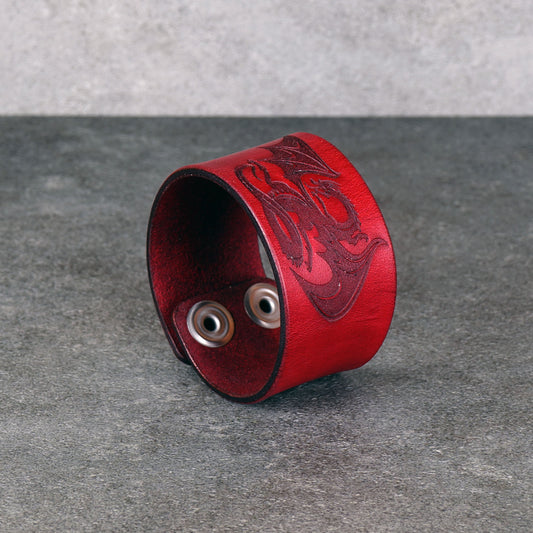 red dragon leather bracelet handmade vegetable tanned fixed size wristband