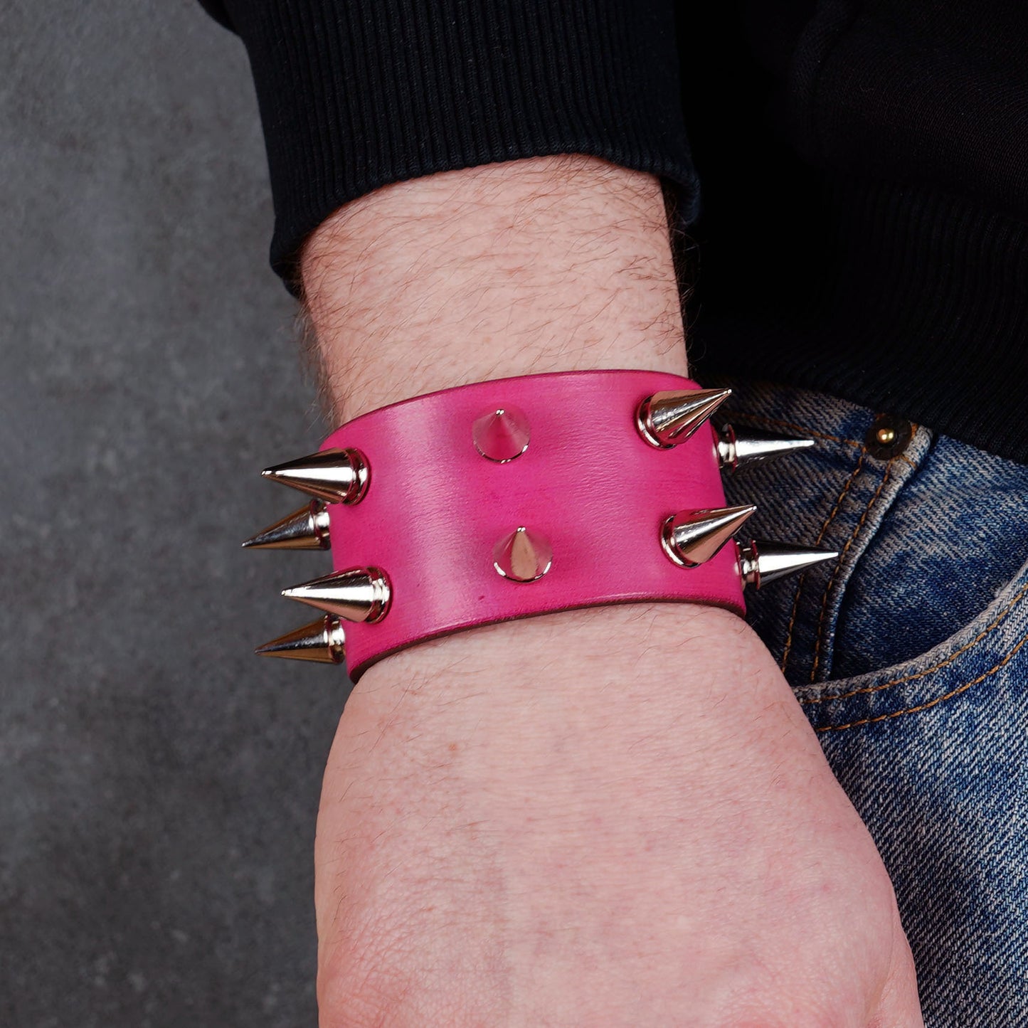 Pink studded leather bracelet made from genuine Italian leather