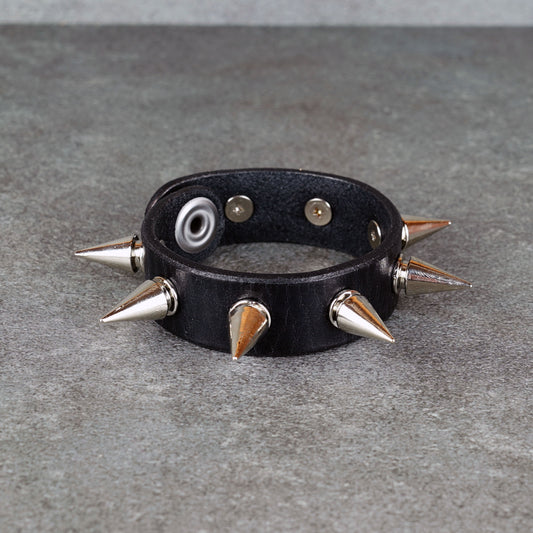 Gothic punk black leather wristband with metal spikes