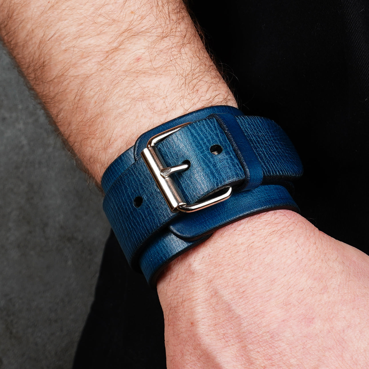 Blue leather wrist cuff bracelet with silver buckle, handmade adjustable leather wristband for men, minimalist genuine leather accessory in deep navy blue