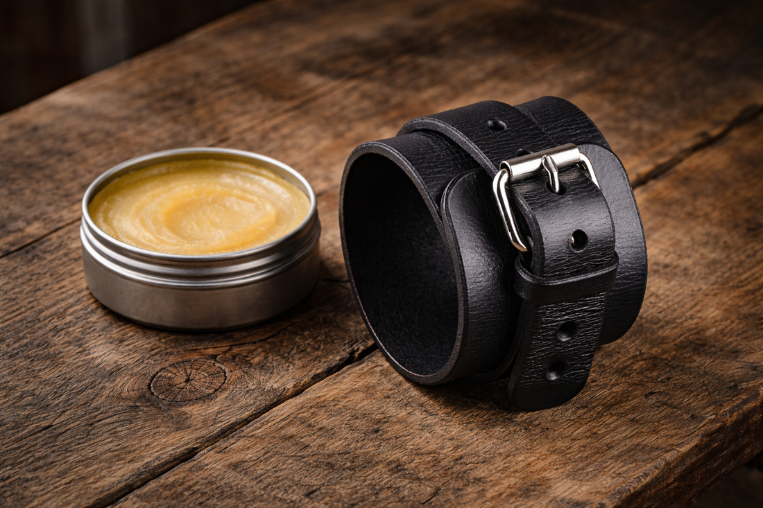 Black handmade leather cuff bracelet standing next to an open tin of beeswax leather conditioner on a rustic wooden table