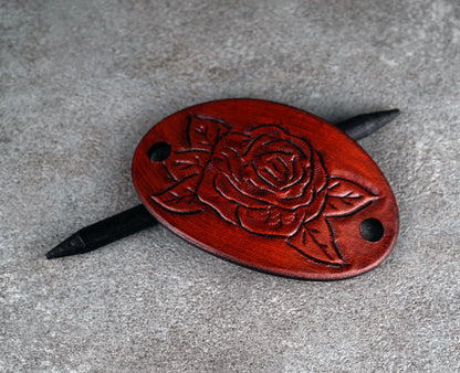 brown oval leather rose barrette handmade premium leather
