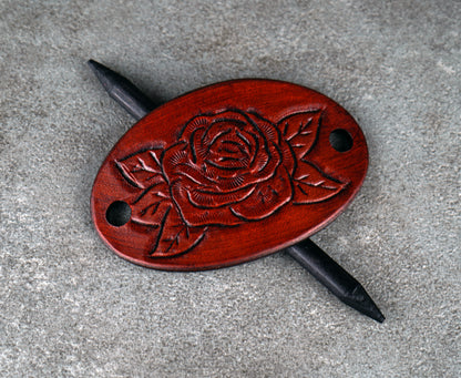 brown oval leather rose barrette handmade premium leather
