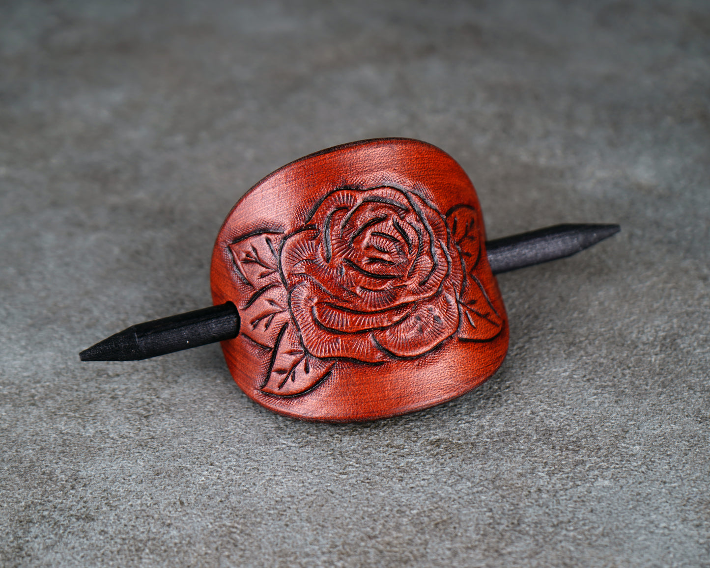 brown oval leather rose barrette handmade premium leather

