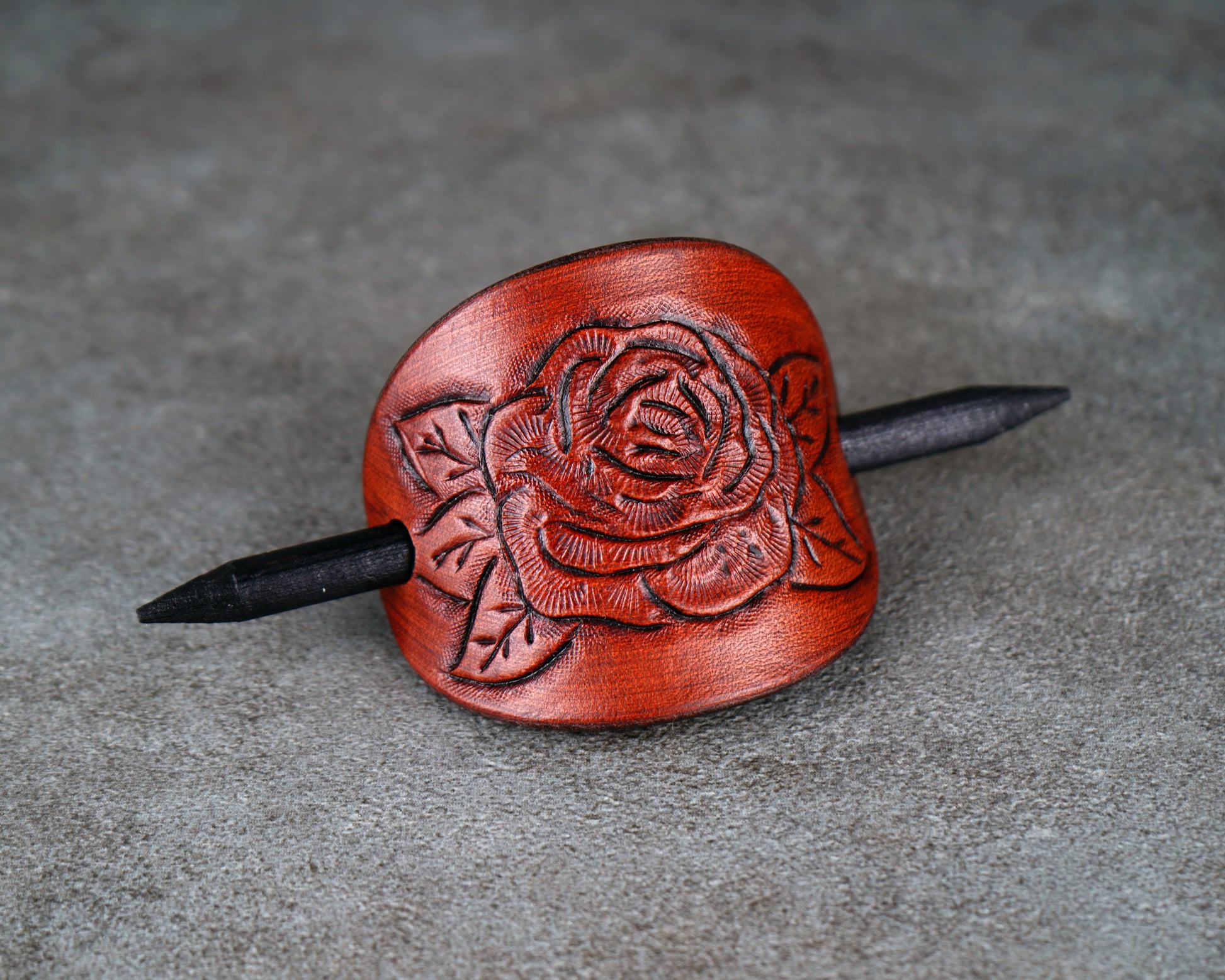 brown oval leather rose barrette handmade premium leather
