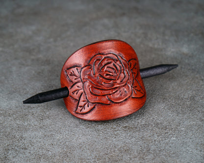 brown oval leather rose barrette handmade premium leather
