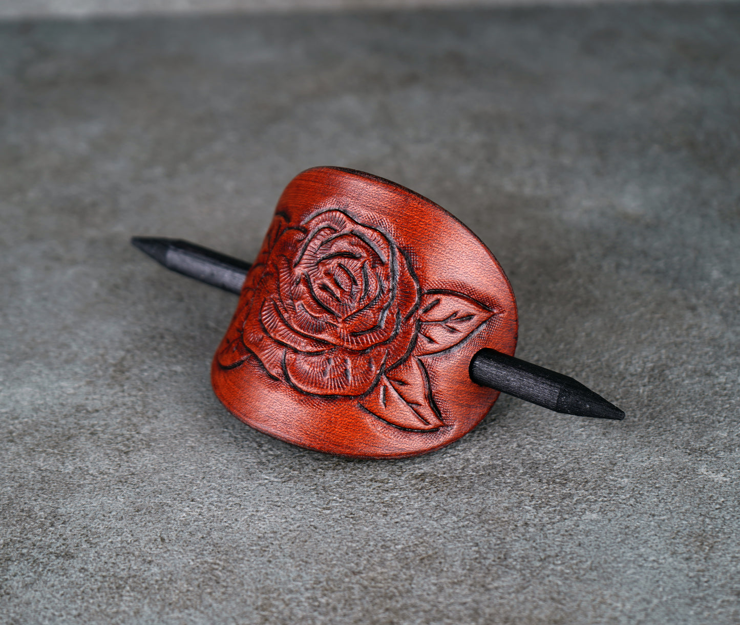 brown oval leather rose barrette handmade premium leather
