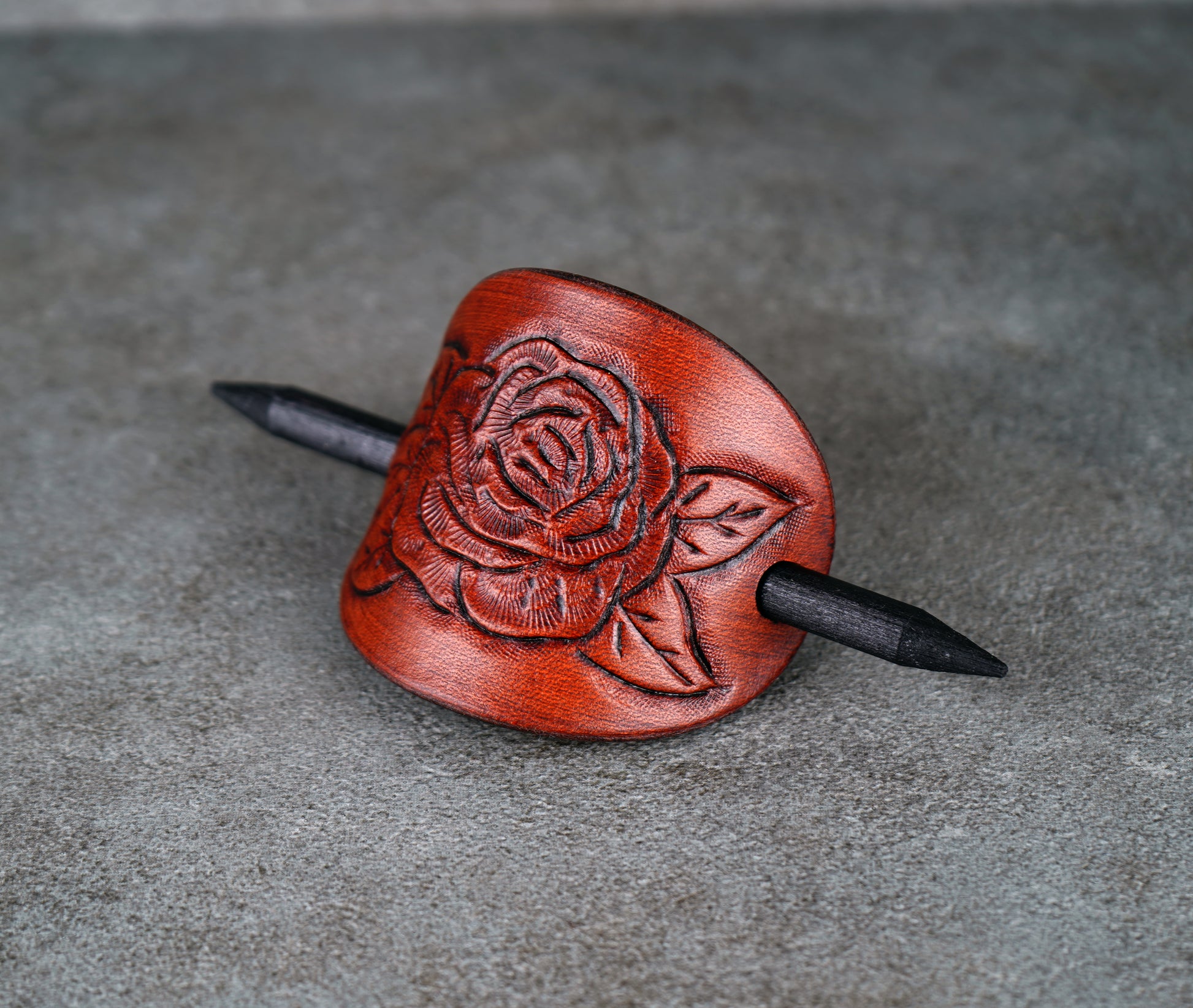 brown oval leather rose barrette handmade premium leather
