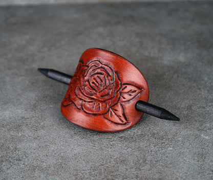 brown oval leather rose barrette handmade premium leather
