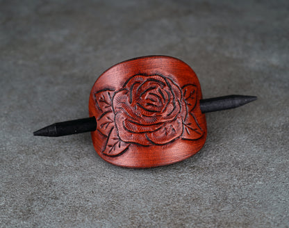 brown oval leather rose barrette handmade premium leather
