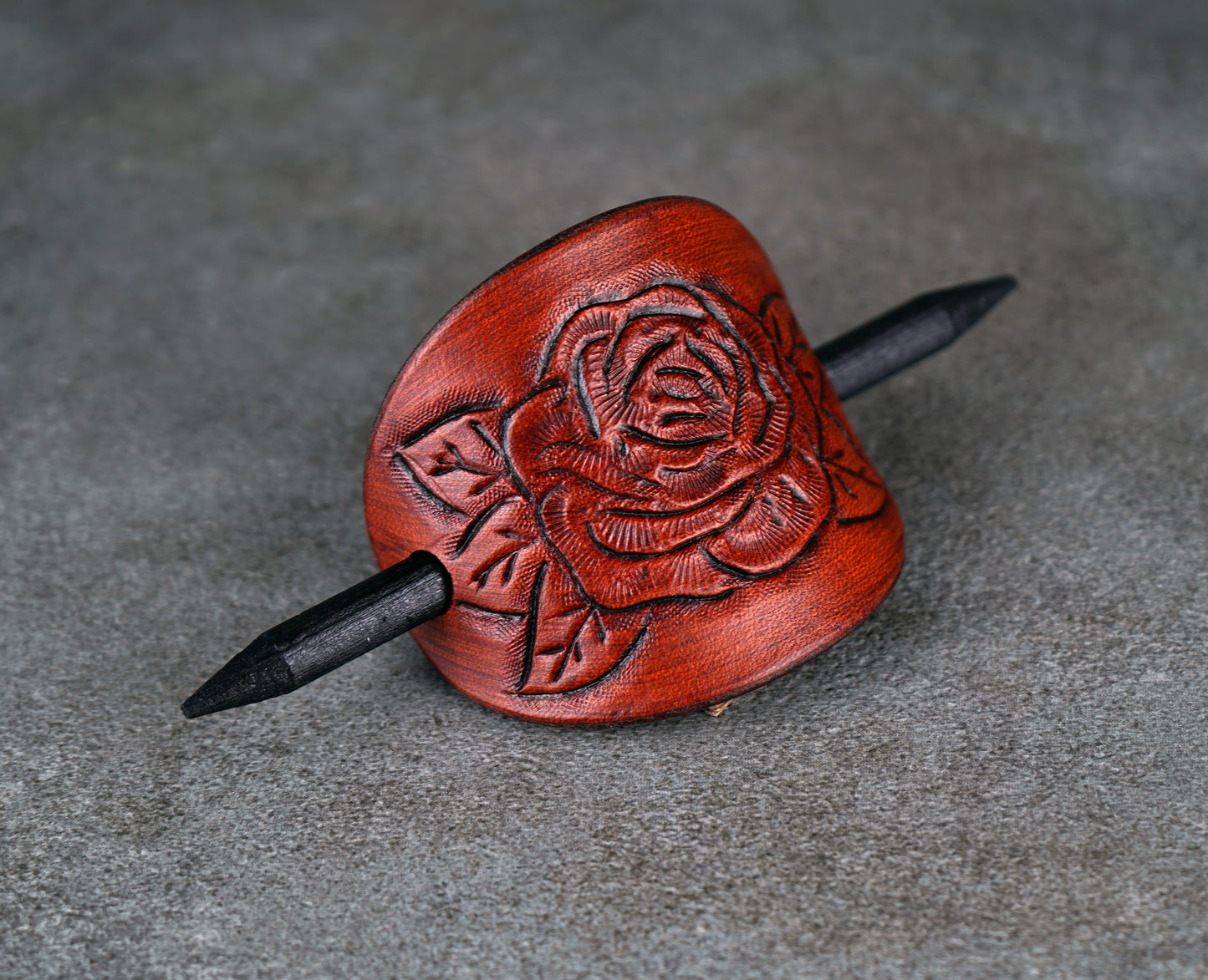 brown oval leather rose barrette handmade premium leather
