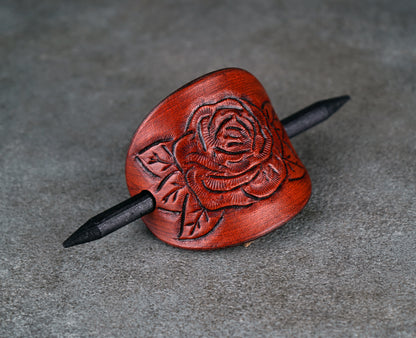 brown oval leather rose barrette handmade premium leather
