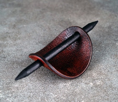 brown oval leather rose barrette handmade premium leather
