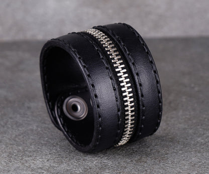 black zipper leather cuff 4cm handmade premium leather
