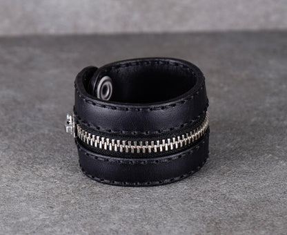 black zipper leather cuff 4cm handmade premium leather
