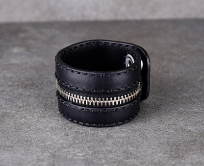 black zipper leather cuff 4cm handmade premium leather

