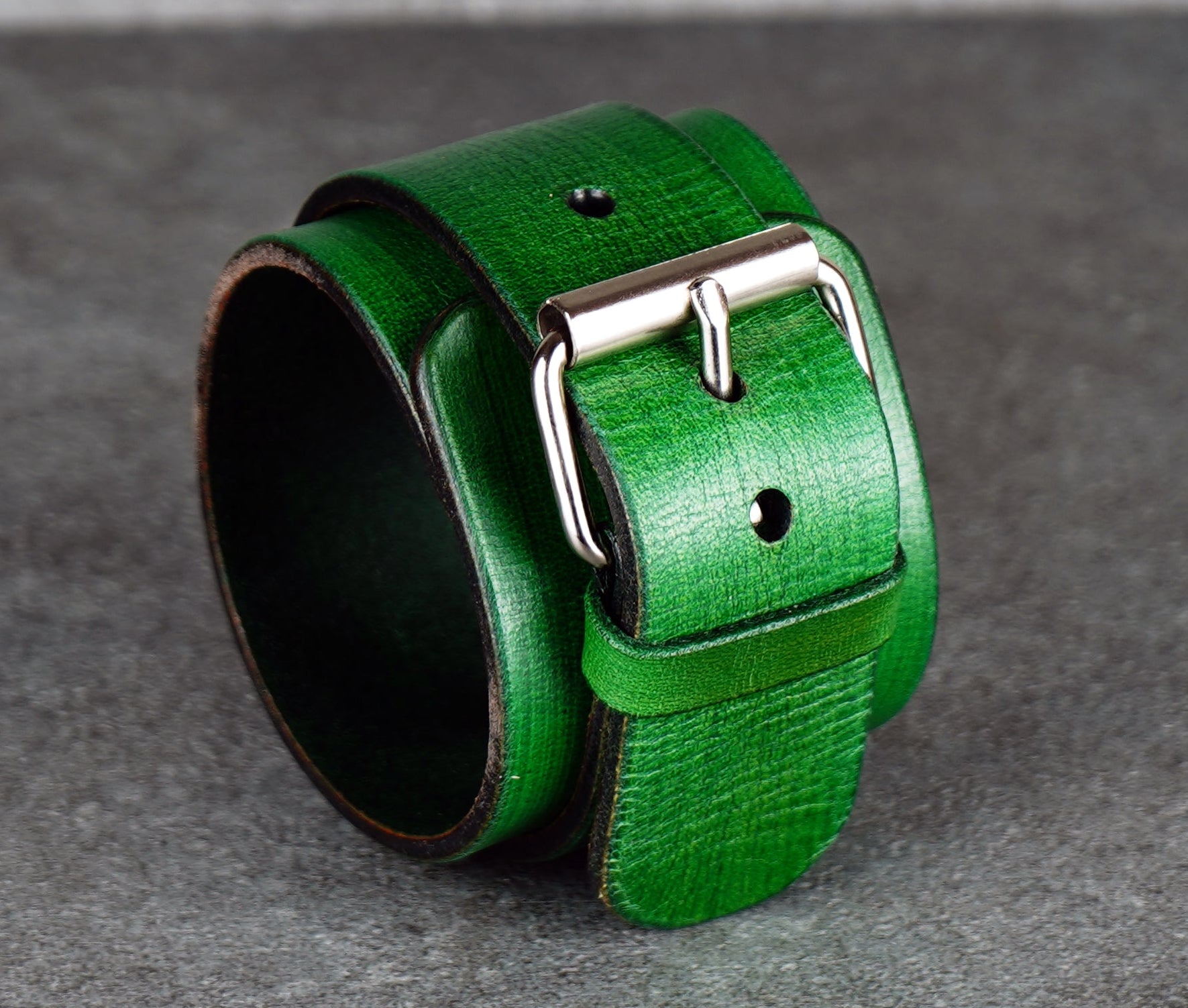 Green leather cuff bracelet