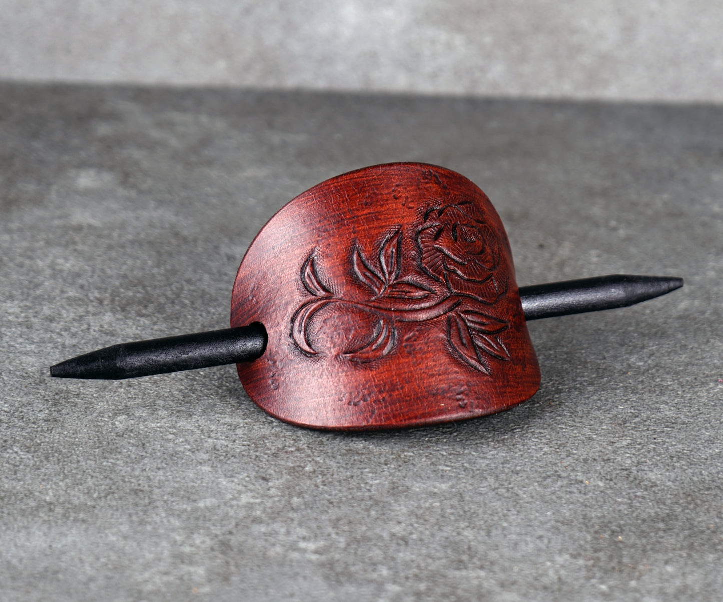 brown oval leather rose barrette handmade premium leather
