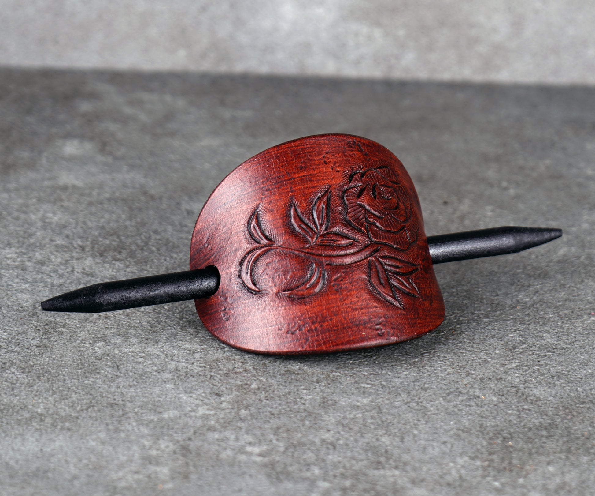 brown oval leather rose barrette handmade premium leather
