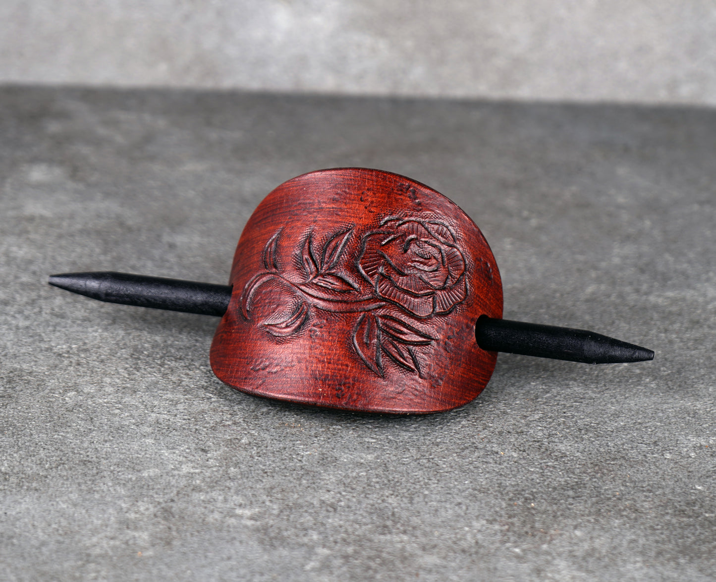 brown oval leather rose barrette handmade premium leather
