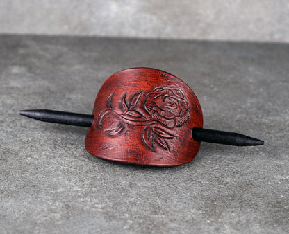 brown oval leather rose barrette handmade premium leather
