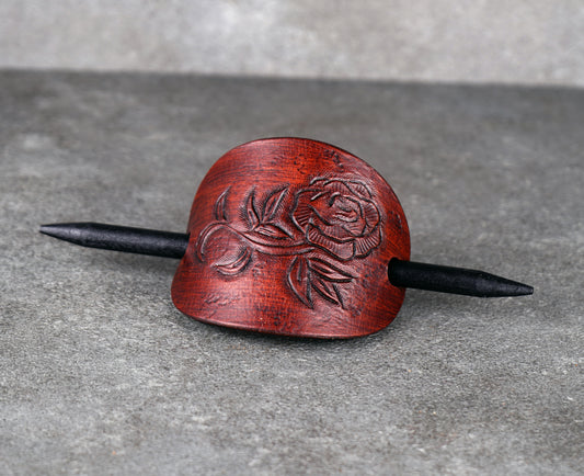 brown oval leather rose barrette handmade premium leather
