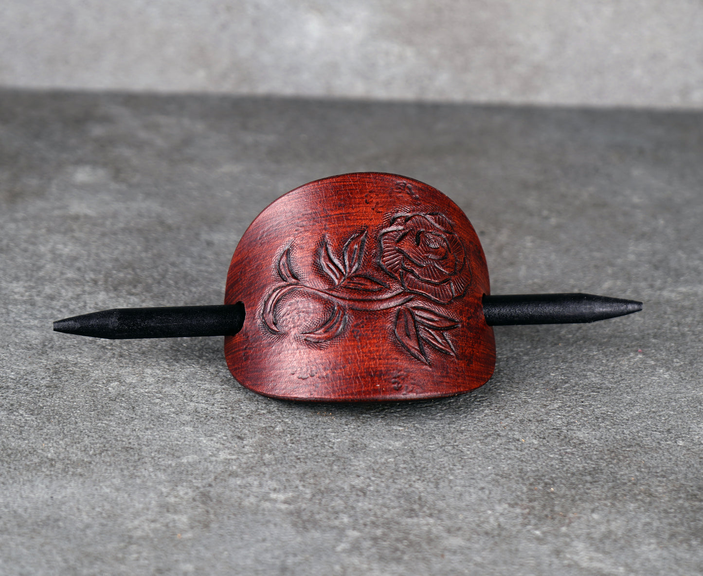 brown oval leather rose barrette handmade premium leather

