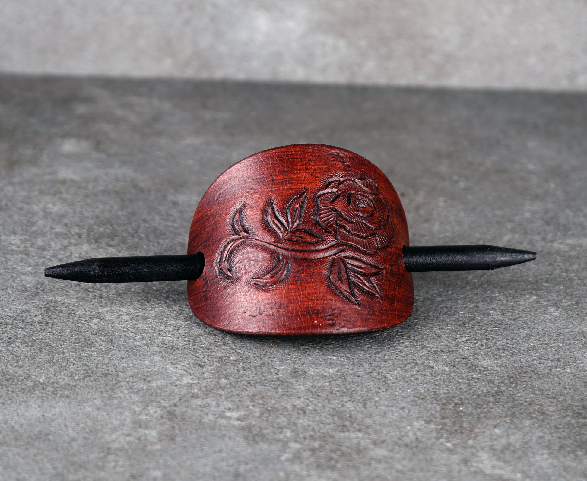 brown oval leather rose barrette handmade premium leather
