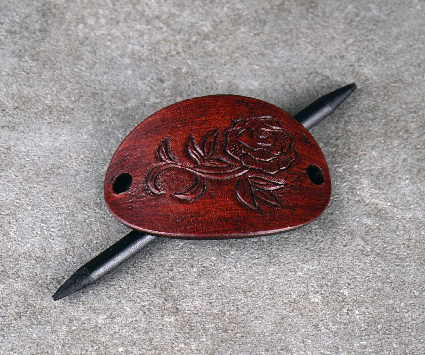brown oval leather rose barrette handmade premium leather
