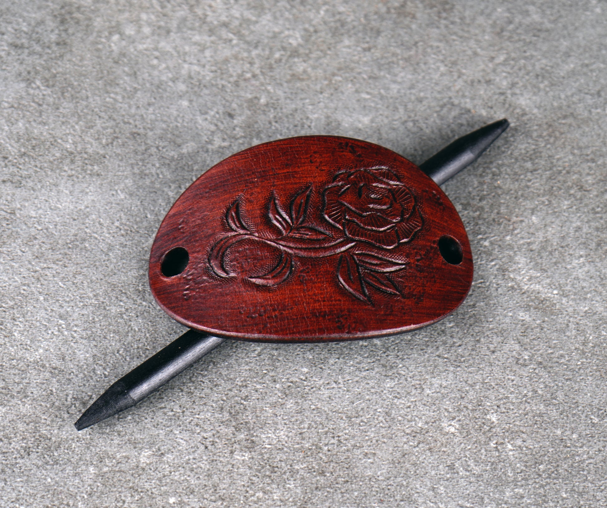 brown oval leather rose barrette handmade premium leather
