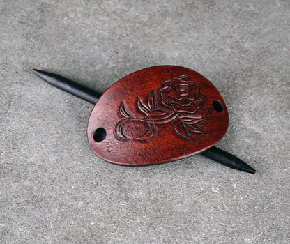 brown oval leather rose barrette handmade premium leather
