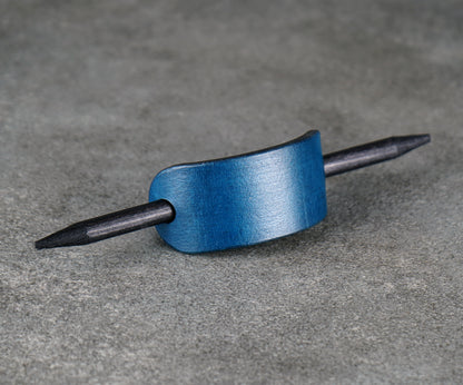 small blue hair leather barrette handmade premium leather
