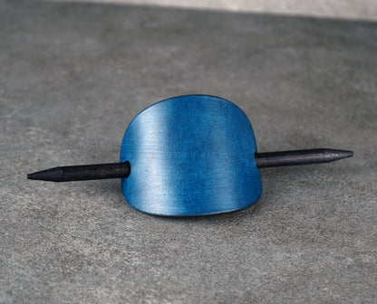 blue oval leather barrette handmade premium leather
