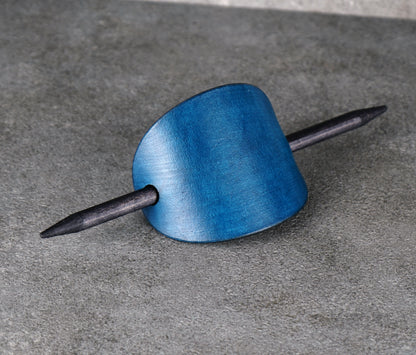 blue oval leather barrette handmade premium leather
