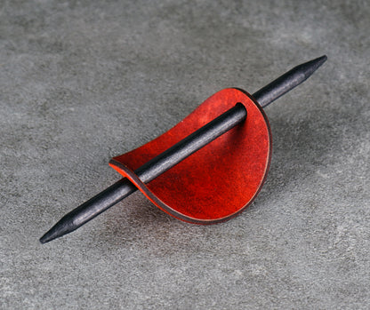 orange oval leather barrette handmade premium leather
