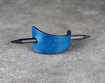 small blue hair leather barrette handmade premium leather