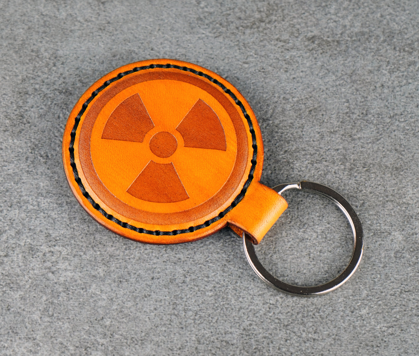 Yellow Leather Radiation Symbol Keychain – Handcrafted Vegetable‑Tanned Leather Accessory