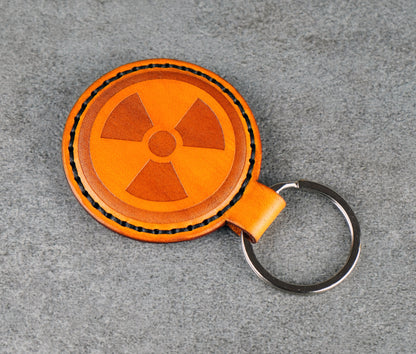 Yellow Leather Radiation Symbol Keychain – Handcrafted Vegetable‑Tanned Leather Accessory