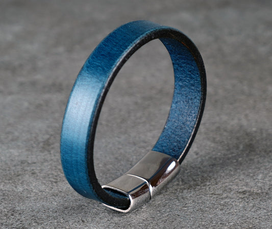 BLUE  LEATHER CUFF BRACELET - 12MM WIDE