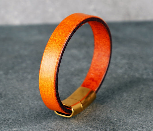 ORANGE  LEATHER CUFF BRACELET - 12MM WIDE