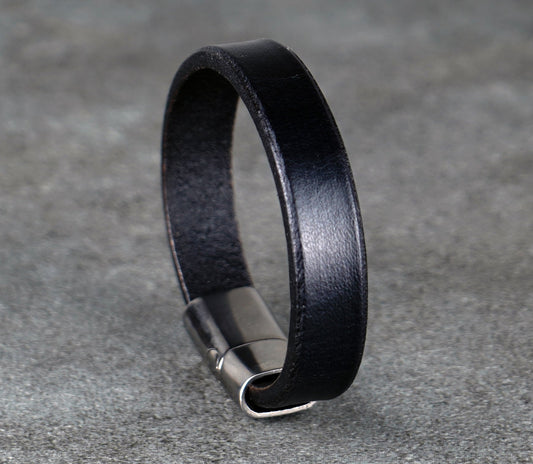 BLACK LEATHER CUFF BRACELET - 12MM WIDE