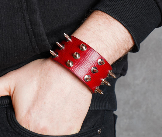 Red Spiked leather cuff bracelet