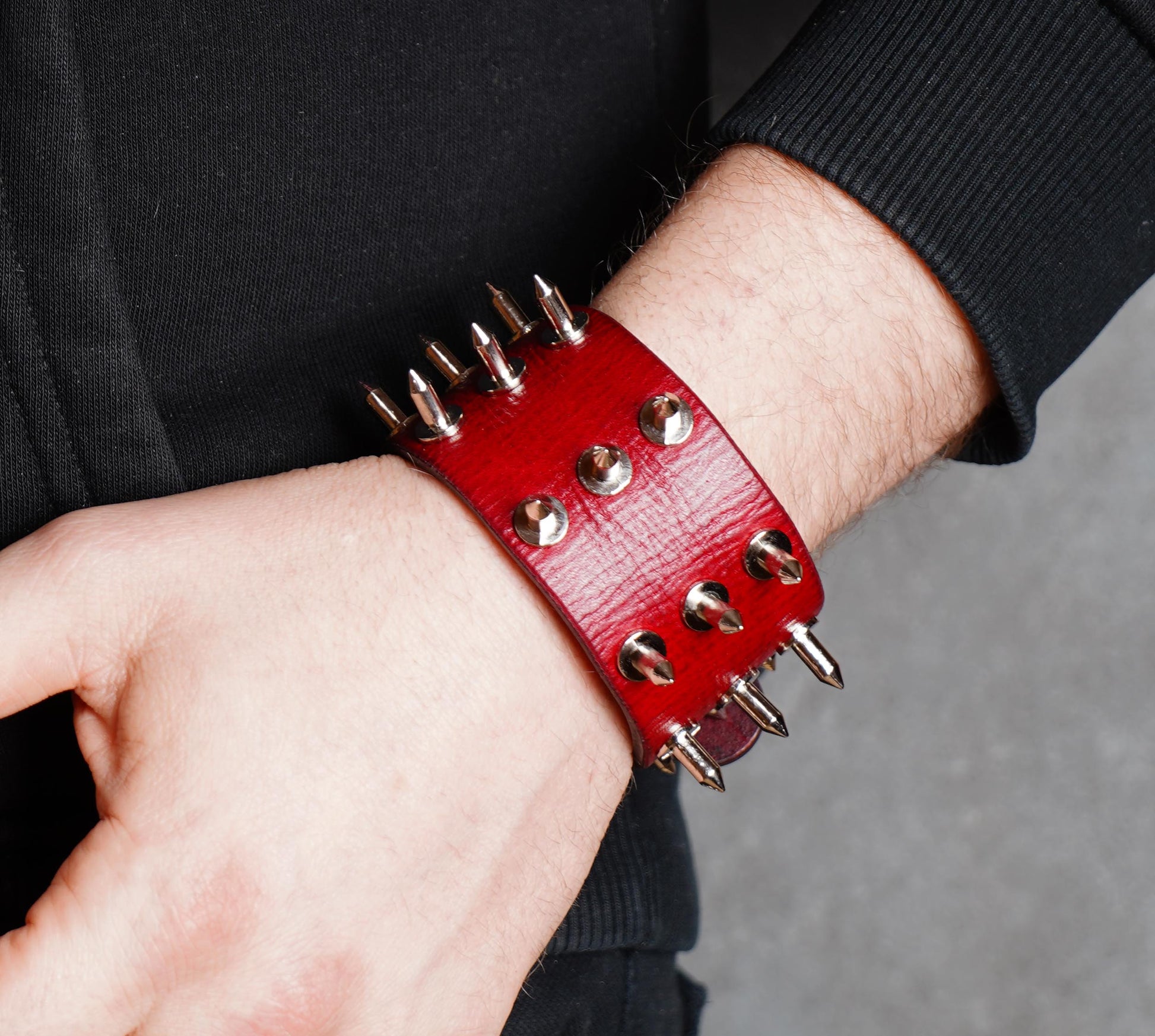 Red Spiked leather cuff bracelet
