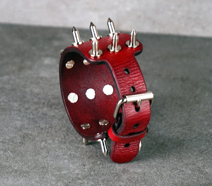 adjustable red spiked leather wrist cuff